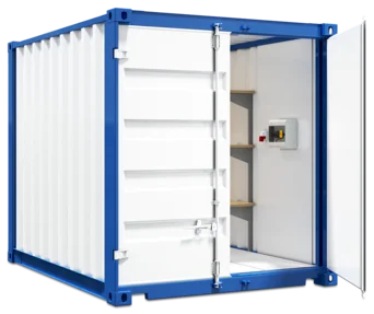 Außenansicht eines Lagercontainers mit geöffneter Tür