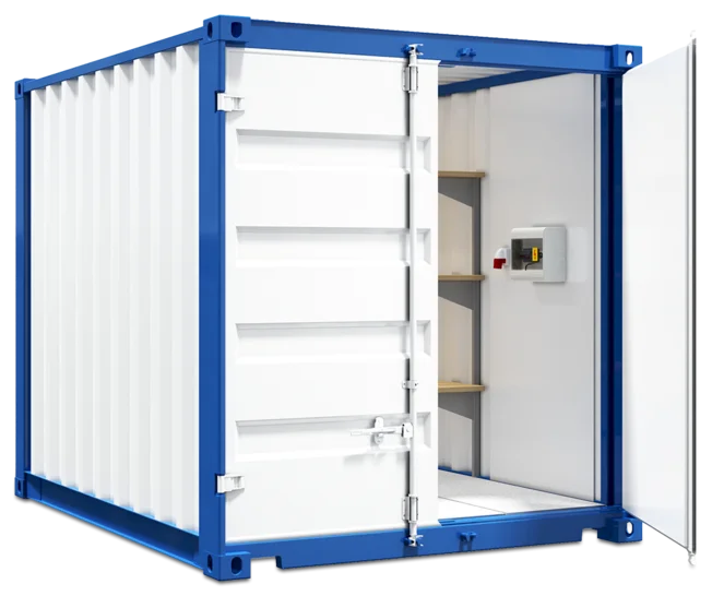 Außenansicht eines Lagercontainers mit geöffneter Tür