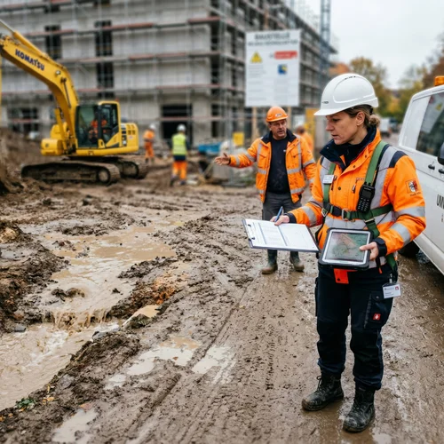 Gewässerschutz auf Baustelle: Mitarbeiter vor Auto