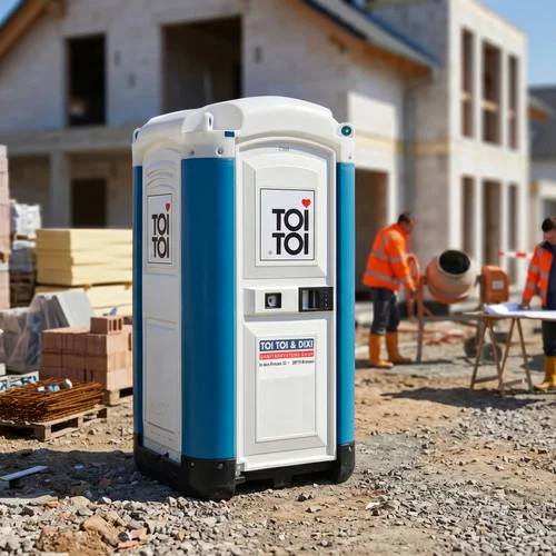 Toilettenkabine vor einer Baustelle eines Einfamilienhaus