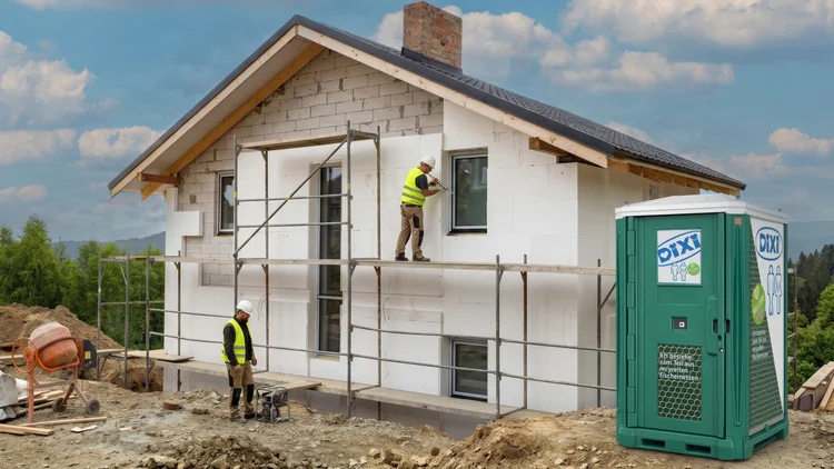 Toilettenkabine vor einer Baustelle eines Einfamilienhaus