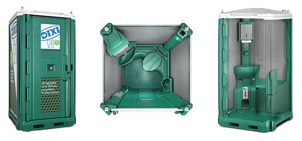 Dreiteiliges Bild. Außenansicht, Innenansicht von oben und Innenansicht DIXI GREEN
