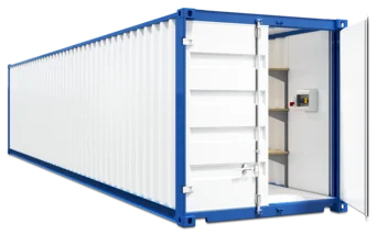 Außenansicht eines Lagercontainers mit geöffneter Tür