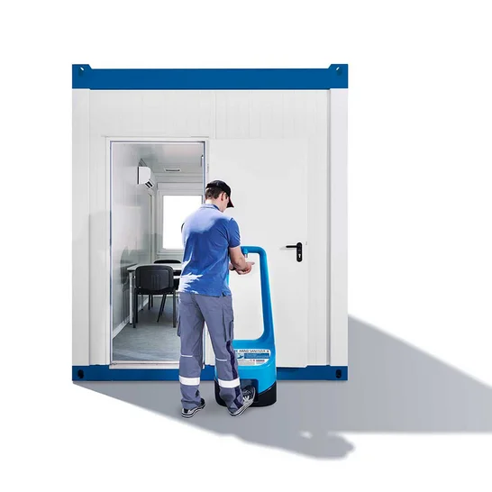 Handdesinfektionsspender TOI CARE vor einem Raumcontainer auf einer Baustelle