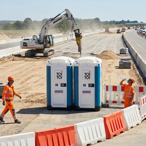 Toilettenkabinen an einer Autobahnbaustelle