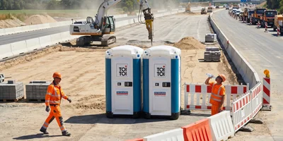 Toilettenkabinen an einer Autobahnbaustelle
