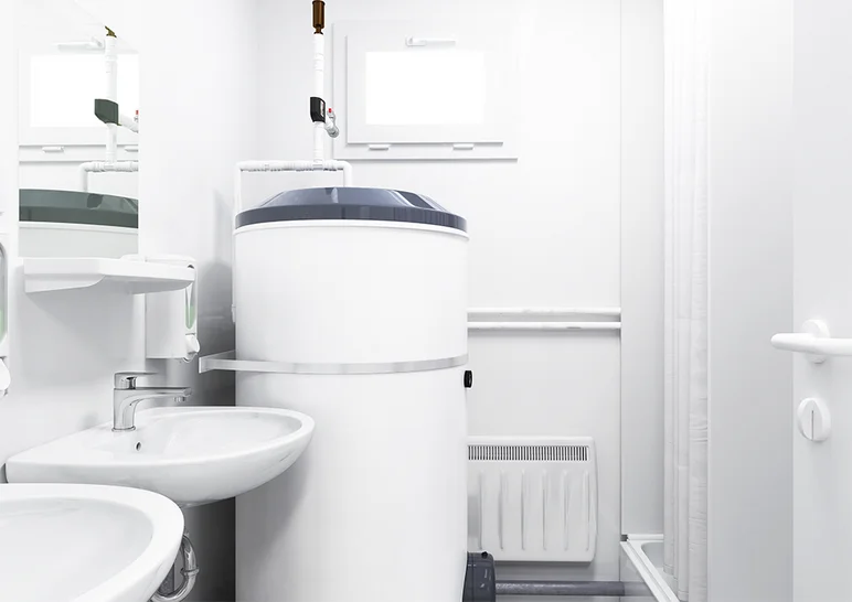 Innenansicht WC-Dusch-Container: Waschbecken mit Boiler