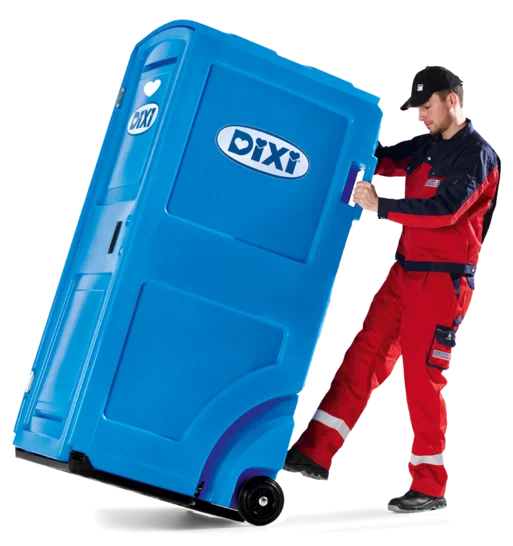 Außenansicht DIXI Klo - DIXI MINI wird von Person mit Rollen bewegt