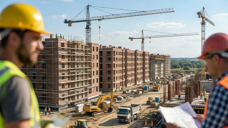 Große Baustelle mit Arbeitern und Baugeräten