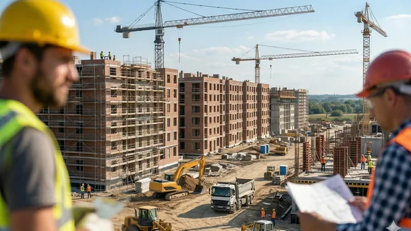 Große Baustelle mit Arbeitern und Baugeräten