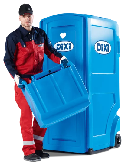Außenansicht DIXI Klo - DIXI MINI, Person trägt Wechseltank der Kabine
