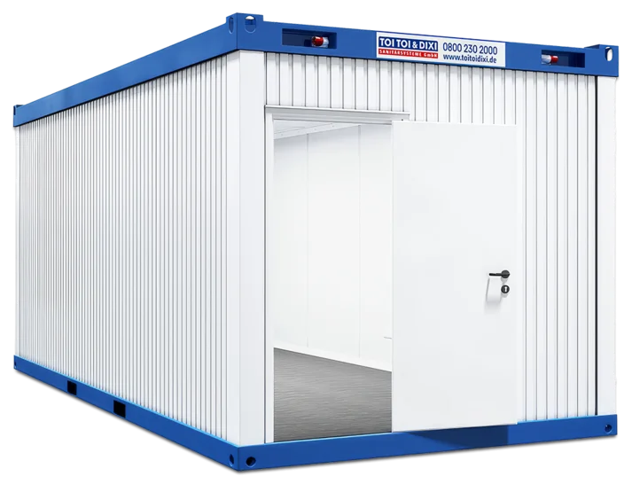 Außenansicht eines Raumcontainers mit geöffneter Tür