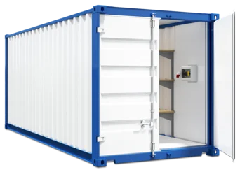 Außenansicht eines Lagercontainers mit geöffneter Tür
