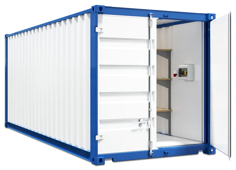 Außenansicht eines Lagercontainers mit geöffneter Tür